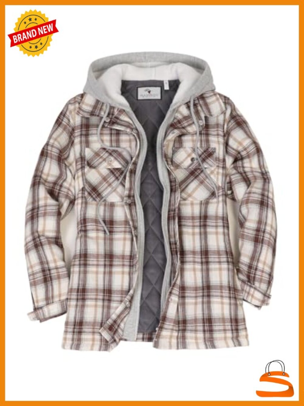 Quilted Lined Flannel Jacket Hooded Shacket Multi-Pocket Zip Button